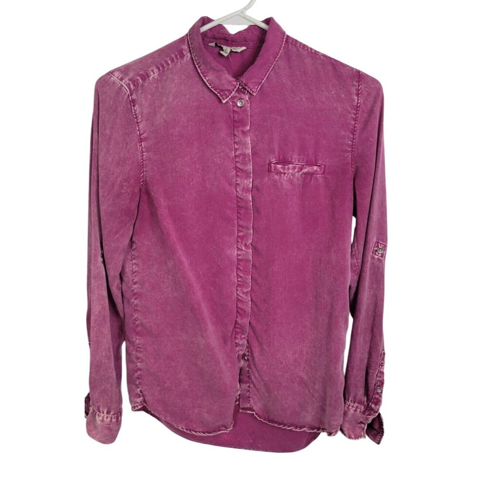 Calvin Klein Jeans Magenta Pink Acid Wash Lyocell Roll Tab Shirt XS